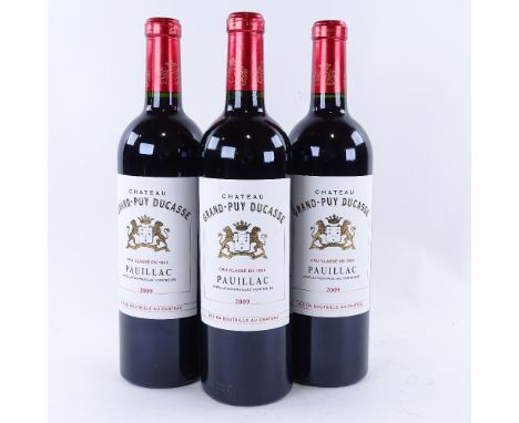 3 bottles of red Bordeaux wine, 2009 Chateau Grand-Puy-Ducasse, 5th growth Grand Cru Classe, Pauillac, 75clLots 638 to 678 ar