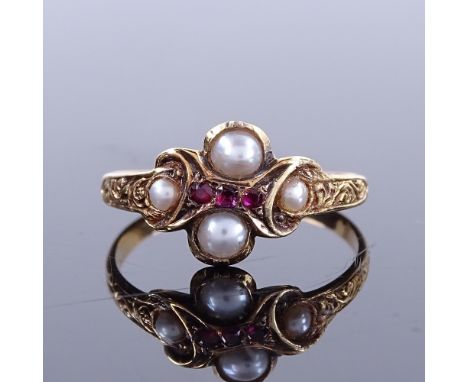 A Georgian unmarked high carat gold ruby and split pearl dress ring, with foliate engraved shoulders, setting height 9.2mm, s