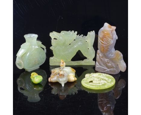 A group of Chinese jade and hardstone carvings, including a jade 2-handled vase, height 6cm 