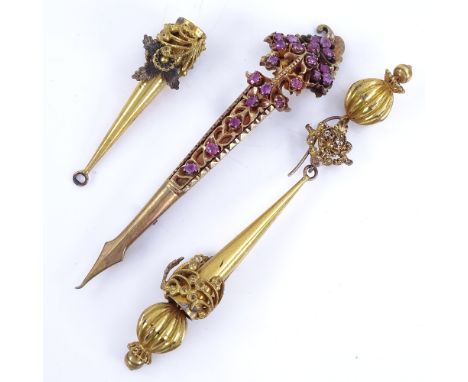 Various 19th century unmarked yellow metal jewellery, including hair slide ruby brooch, and earring parts etc, brooch length 
