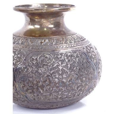 An Indian silver squat vase, allover intricate relief embossed and engraved floral and foliate decoration, engraved T90%, hei