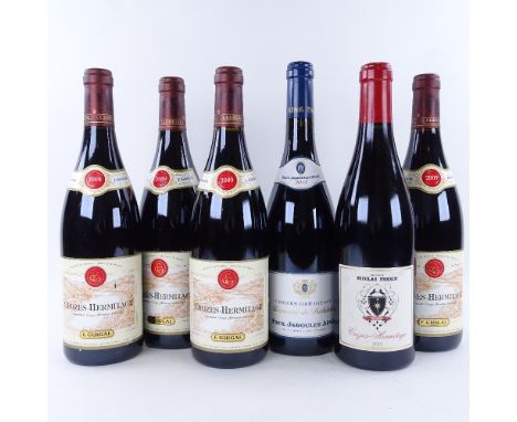 6 bottles of northern Rhone wine, 4 x 2009 Guigal, Crozes-Hermitage, 1 x 2013 Domaine de Thalabert, Paul Jabouilet Aine, Croz