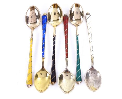 EGON LAURIDSEN - a set of 6 Danish vermeil sterling silver and harlequin enamel coffee spoons, spoon length 9.5cm, in origina