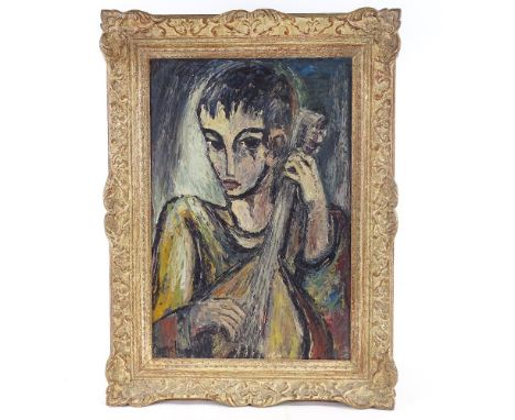 George Hann, oil on board, boy playing a cello, signed, 22" x 15", framedVery good condition 