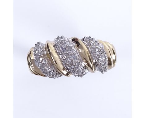 A modern 9ct gold diamond dress ring, total diamond content approx 0.15ct, setting height 9.6mm, size P, 2.9gVery good origin