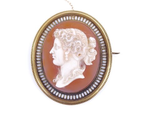 A fine 19th century relief carved hardstone panel cameo brooch, depicting female profile, in unmarked gold and white enamel r