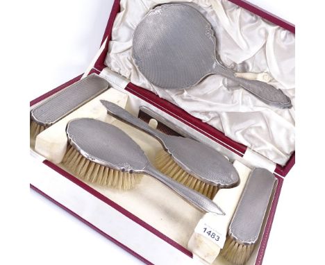 An Elizabeth II 6-piece silver-backed dressing table set, engine turned and floral engraved decoration, by W G Sothers Ltd, h