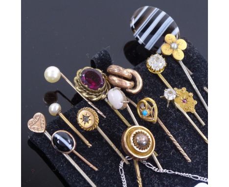 A group of various Antique and Vintage stickpins, gemstones include ruby opal and banded agateGenerally quite worn overall, a