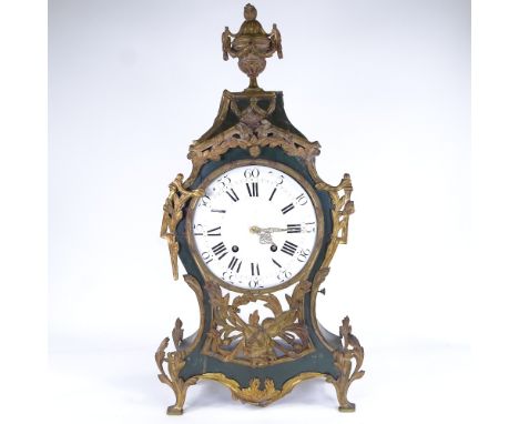 A large 19th century French green painted wood and brass 8-day mantel clock, white enamel dial with Roman numeral hour marker