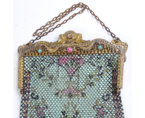 SAHATIEL MANDALIAN - lustro-pearl enamelled pattern mesh evening bag, with gilt-metal clasp and fringed skirt 