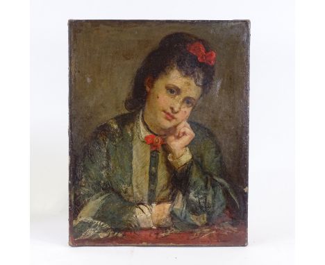19th century French School, oil on canvas, portrait of a woman, unsigned, 16" x 13", unframedA tear in canvas near the right-