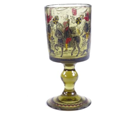 A 19th century Bohemian olive green glass goblet, in the manner of Fritz Heckert, with hand painted enamel hunting scenes, he