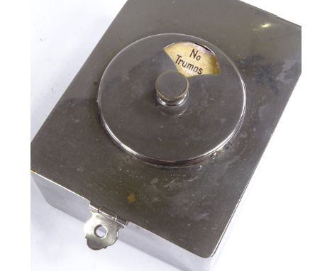 An Edwardian nickel plate playing card box, with trump dial lid, case length 10cm 