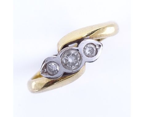 A late 20th century 18ct gold 3-stone diamond crossover ring, total diamond content approx 0.25ct, size K, 4.1gGood original 