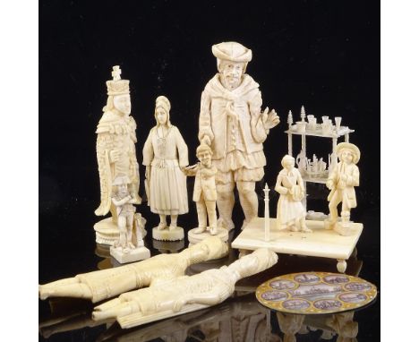 A collection of 19th century Napoleonic Prisoner of War ivory figures, Dieppe ivory, a miniature 19th century ornamental what