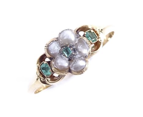 An early 19th century Georgian unmarked gold split pearl and emerald cluster ring, setting height 7.5mm, size K, 1.2gGood ove