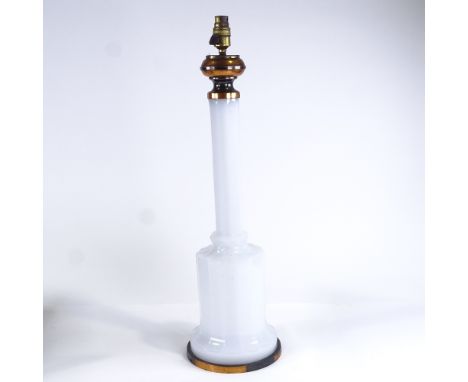 A Regency opaline glass lamp base converted to electric, on bronze plinth, height excluding fitting 57cmGlass all in good con