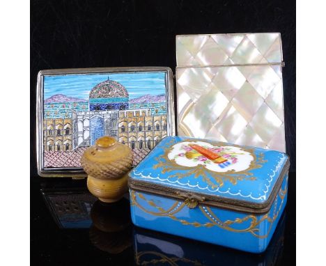 A Dresden painted and gilded porcelain box, 9cm across, a Victorian mother-of-pearl card case, a Persian enamel card case, an