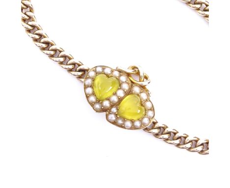 A Victorian unmarked high carat gold chrysoberyl and split pearl double-heart bracelet, with curb link chain, bracelet length