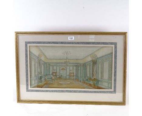 B Hookey, watercolour, architectural interior, 1925, signed, 11" x 21.5", framedLight foxing and slight discolouration 