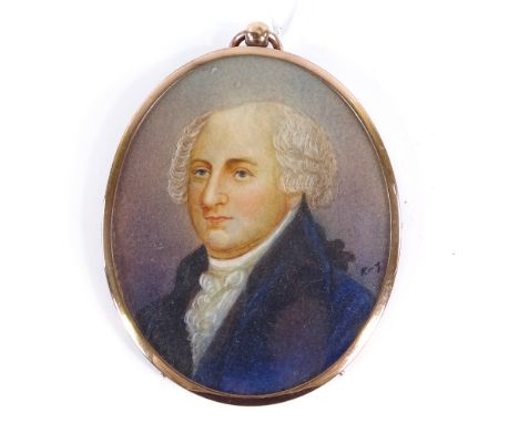 19th century miniature watercolour portrait of a gentleman, indistinctly signed, gilt-metal frame, overall dimensions 3" x 2.