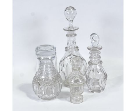 Two Victorian decanters, a water / whisky carafe and pepper, tallest 28cm. (4)Replacement "Famous Grouse" glass with carafe.C