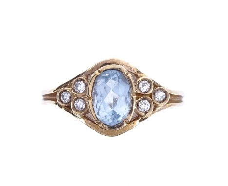 A modern 9ct gold aquamarine and diamond dress ring, setting height 10mm, size P, 2.8gGood overall condition, all stones pres