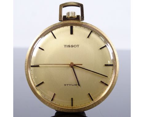 TISSOT - a Vintage gold plated Stylist open-face top-wind pocket watch, gilt dial with black baton hour markers, calibre 2451