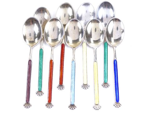 A matched set of 9 Norwegian sterling silver and harlequin enamel coffee spoons, spoon length 8.5cmAll in good original condi