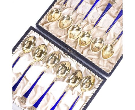 EGON LAURIDSEN - 2 sets of 6 Danish vermeil sterling silver and Royal blue enamel coffee spoons, with crown finials, spoon le