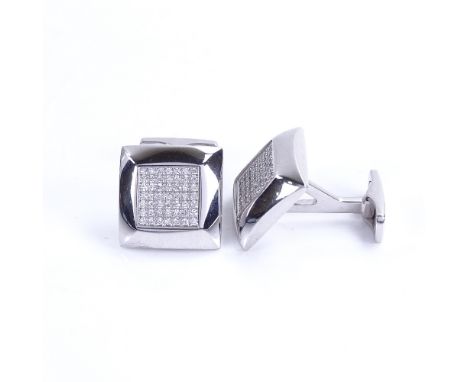 A modern pair of 18ct white gold diamond cluster cufflinks, square panels set with round brilliant-cut diamonds, total diamon