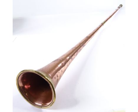 A Victorian copper and brass coaching horn, inscribed Dover Mail with VR cypher, length 131cmOverall good condition, light su