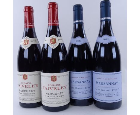 4 bottles of red Burgundy wine, 2 x 2012 Faiveley, Mercurey, Premier Cru Clos du Roy, 2 x 2012 Bruno Clair, Marsannay, Grasse