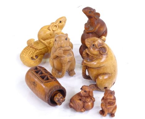 A group of Japanese carved wood netsuke, including a rat holding his tail, height 5cmhttps://youtu.be/dtNC-6d6KAo 