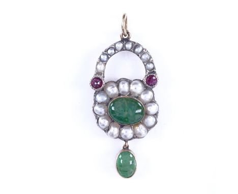 A 19th century unmarked yellow metal cabochon emerald garnet and split pearl padlock pendant, with emerald drop and closed-ba