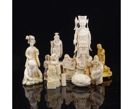 A group of Japanese ivory netsuke, okimono, and other carvings 