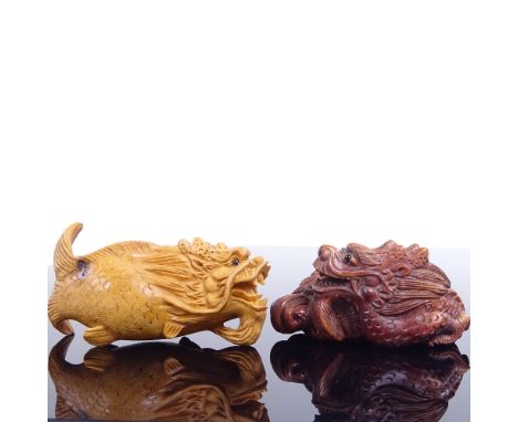 2 Japanese carved wood dragon design netsuke, largest length 6.5cm 