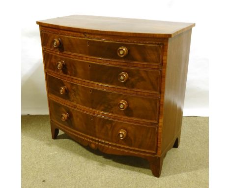 A Regency mahogany and rosewood crossbanded bow-front chest of 4 long drawers, with mother-of-pearl inlaid handles, width 94c