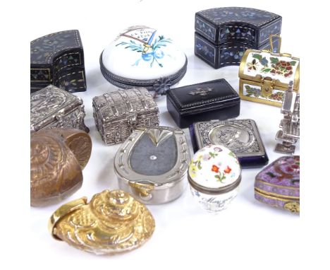 A group of miniature boxes, including an enamel egg shaped box, length 3cm, and a gilt-brass nautilus shell pillbox 