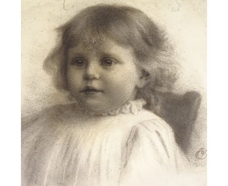 Charcoal on paper, portrait of a child, circa 1900, 10.5" x 14"Short tear on the top edge, a few very faint fox marks, slight