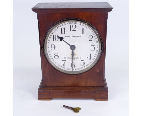 A Victorian mahogany 30-hour mantel clock, by Abbey Watch Co, white painted dial with Arabic numerals, with pendulum and key,