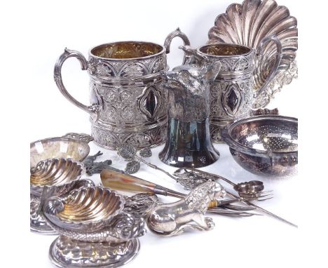 Various Antique silver plate, including Bacchanalian jug, large 2-handled mug, fox-head stirrup cup, pair of dolphin salts, a