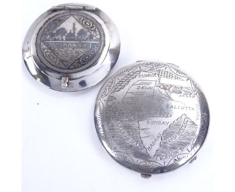An Iraqi silver and niello compact, and an unmarked Indian white metal compact, largest diameter 7cm (2)Both in good original