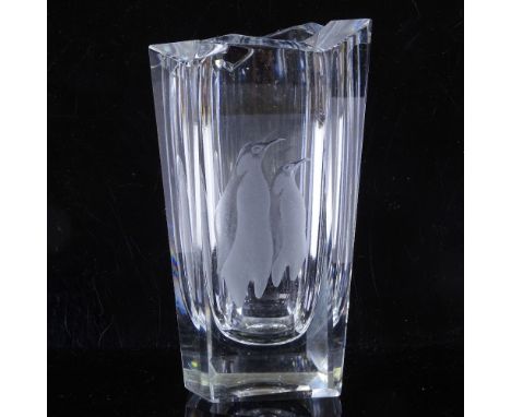 VICKE LINDSTRAND for KOSTA SWEDEN - etched penguins glass vase, 1955, fully signed LG149, height 18cmPerfect condition 