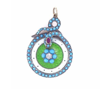 A 19th century unmarked yellow metal diamond ruby, cabochon blue glass and coloured enamel snake pendant, target design centr