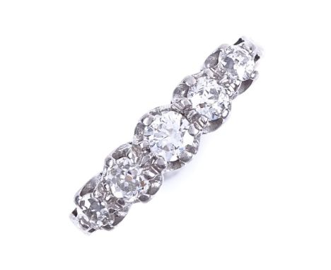 An early 20th century 18ct gold graduated 5-stone diamond half hoop ring, total diamond content approx 0.7ct, setting height 