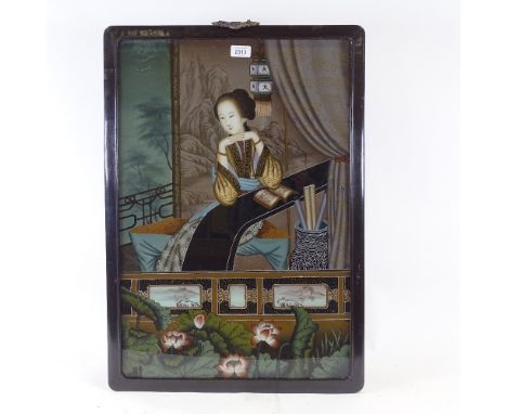 Chinese reverse painting behind glass, portrait of a woman, framed, overall dimensions 28" x 19.5" 