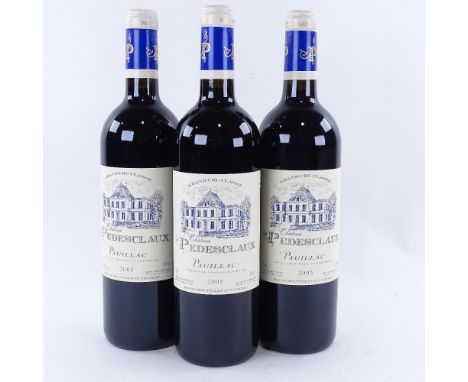 3 bottles of red Bordeaux wine, 2005 Chateau Pedesclaux, 5th Growth Grand Cru Classe, Pauillac, 75clLots 638 to 678 are bin e