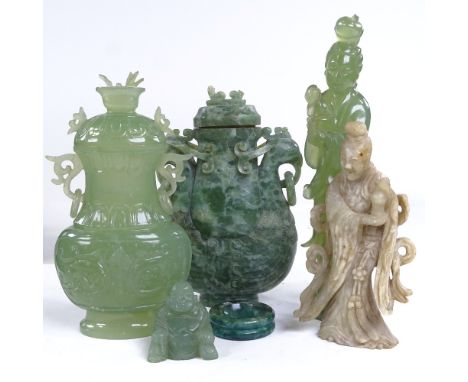 A group of Chinese jade soapstone and hardstone carvings, including 2 pots and covers, height 19cm 