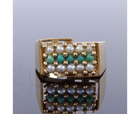 A Continental high carat gold turquoise and pearl triple-row signet ring, setting height 10.2mm, size Q, 5.8gGood original co